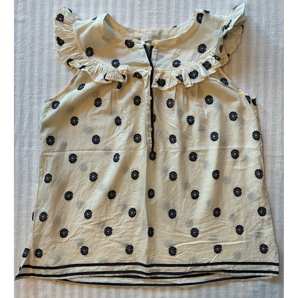 LOFT Ivory Navy Floral Embroidered Ruffle Sleeveless Cotton Blouse M Cottagecore